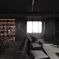 Modern Black Open Concept Dining Kitchen Interior With Island Cabinets Pendant Lights And Wine Rack