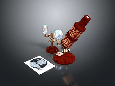 Vintage Red Telescope With Crystal Balls On Golden Stand And World Map 3d model