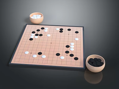 Traditional Go Board Game Entertainment with Wooden Bowls and Black White Stones on Table 3d model
