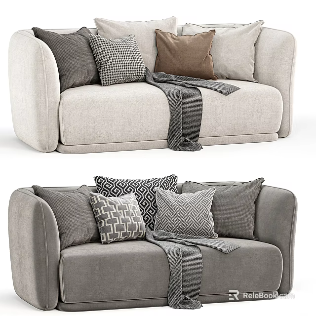 Modern Neutral Tones Double Sofa with Patterned Pillows and Cozy Throw Blanket 3d model
