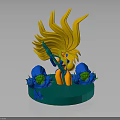 Colorful 3D Character Model With Yellow Hair Green Weapon And Blue Creatures On Green Base