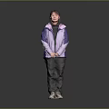 A Woman In Gray Background Wearing Purple White Jacket Black Top Dark Pants White Shoes