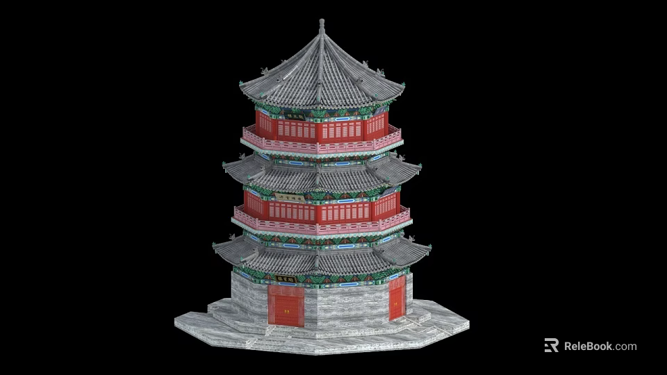 Traditional Chinese Pagoda With Multiple Tiers Gray Roof Red Windows Green Decorations And Stone Base 3d model 