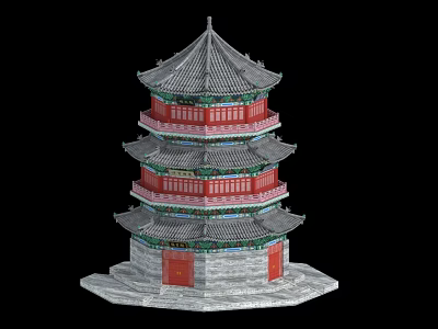 Traditional Chinese Pagoda With Multiple Tiers Gray Roof Red Windows Green Decorations And Stone Base 3d model