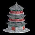 Traditional Chinese Pagoda With Multiple Tiers Gray Roof Red Windows Green Decorations And Stone Base
