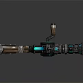 Futuristic Mechanical Weapon With Glowing Blue Components And Metal Wooden Structure