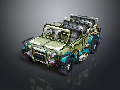 Electric Toy Off-Road Vehicle with Pixel Style Roof Rack and Green Blue Wheels 3d model