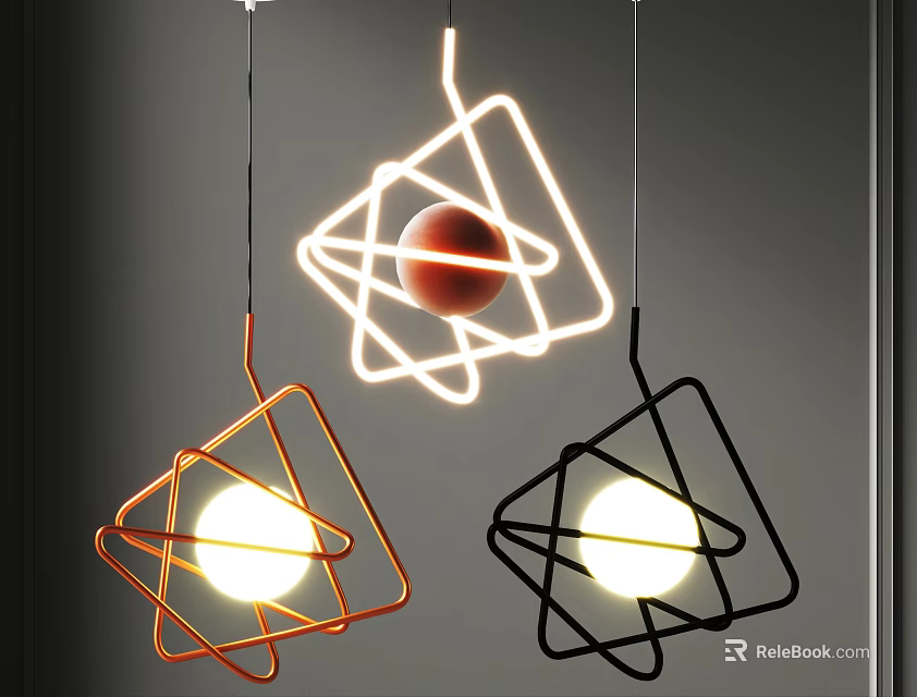 Modern Geometric Pendant Lights With Orange Black Frames And Illuminated Spheres 3d model