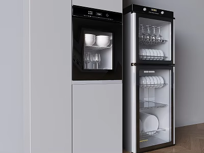 Modern Kitchen Appliances With Glass Door Storage And Stainless Steel Finish Design 3d model