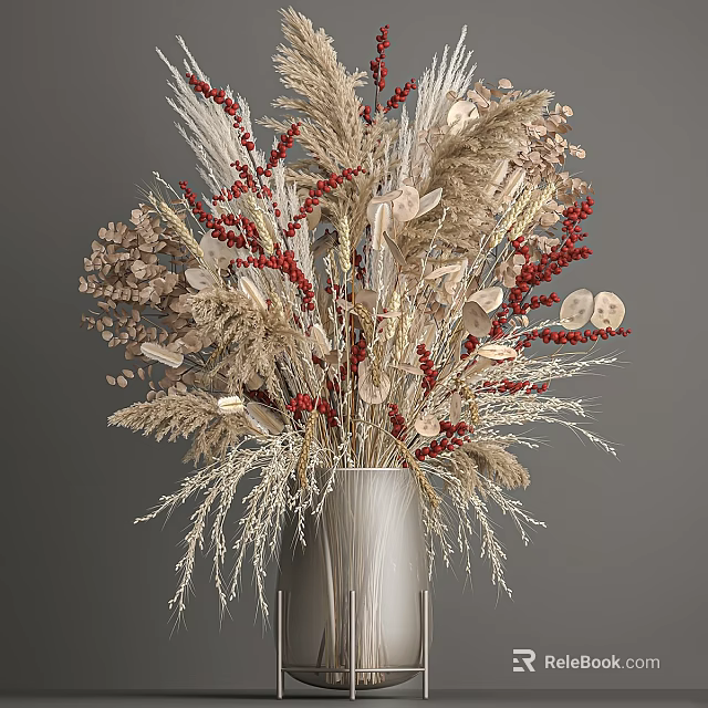 Elegant Decorative Ornament Set With Dried Flowers Red Berries And Wheat Ears In Vase 3d model 