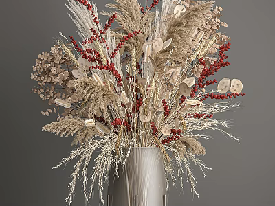 Elegant Decorative Ornament Set With Dried Flowers Red Berries And Wheat Ears In Vase 3d model