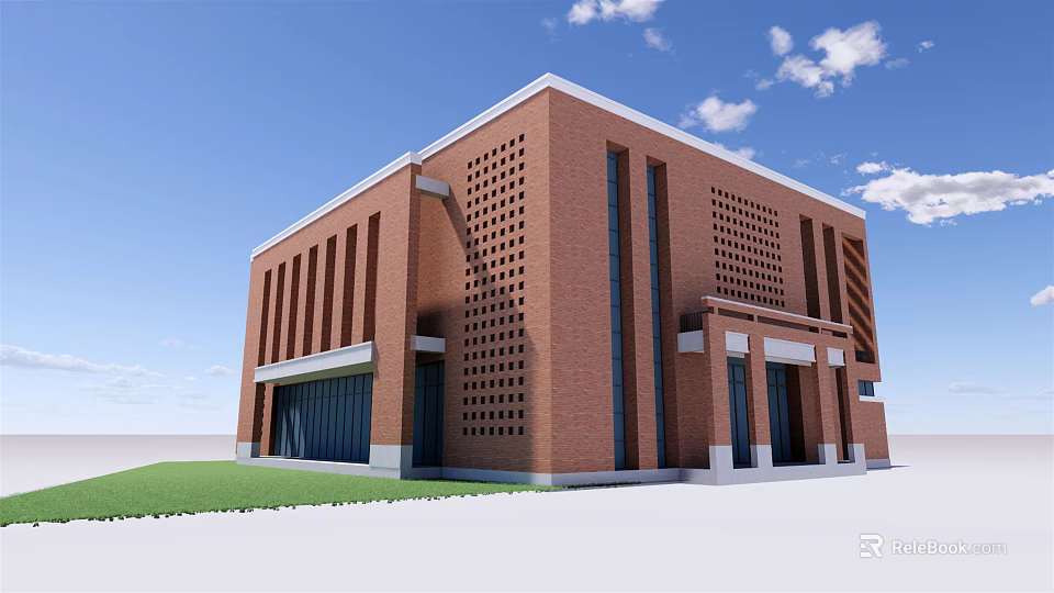 Red Brick Building Exterior With Grid Pattern Windows And Green Lawn Under Blue Sky 3d model