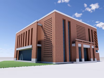 Red Brick Building Exterior With Grid Pattern Windows And Green Lawn Under Blue Sky 3d model