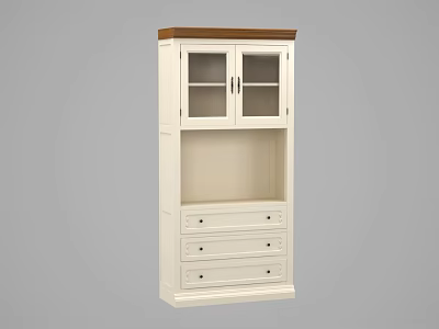 White Bookcase with Walnut Brown Wooden Top Glass Door Upper Cabinets and Lower Storage Drawers 3d model