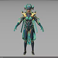 Mythical Warrior Character With Horned Helmet And Green Gold Creature Inspired Armor Design