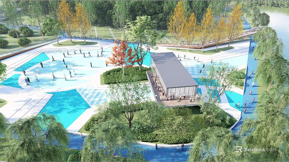 Beautiful Square Landscape With Blue Ponds Yellow Orange Trees Green Plants And Pavilion 3d model 