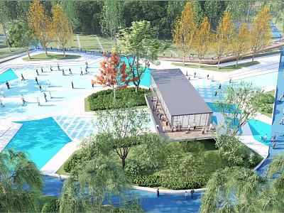 Beautiful Square Landscape With Blue Ponds Yellow Orange Trees Green Plants And Pavilion 3d model