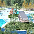 Beautiful Square Landscape With Blue Ponds Yellow Orange Trees Green Plants And Pavilion
