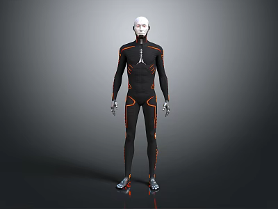 Robot Character With Modern Sci Fi Design Black Bodysuit Orange Accent Lines And Mechanical Limbs 3d model