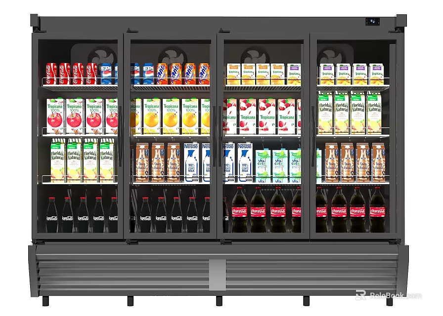 Commercial Multi Door Display Refrigerator with Glass Doors and Shelves Filled with Bottled Beverages 3d model 