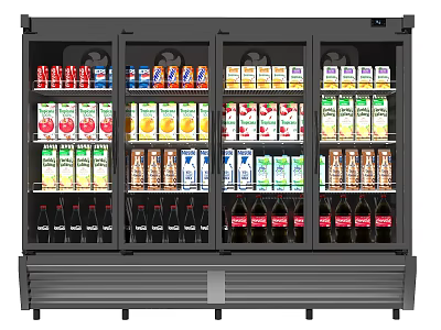 Commercial Multi Door Display Refrigerator with Glass Doors and Shelves Filled with Bottled Beverages 3d model