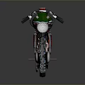 Green Motorcycle with Red Seat Vintage Design Headlight Engine Details and Blue Accent Wheels