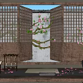 New Chinese Style Study Studio Chinese Hollow Wooden Window Chinese Style Garden Window View Peach Blossom Tree Peach Blossom Branch Indoor Flower Arrange 3d model