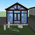 Elegant Glass Greenhouse With Brown Frame Large Windows Surrounded By Purple Flowers And Trees