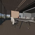 Modern Conference Room Interior With Long White Table White Chairs Glass Walls And Pendant Lights