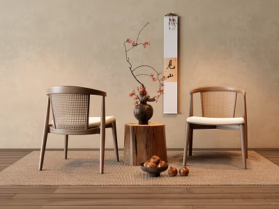 Natural Style Leisure Chairs With Wooden Frame Rattan Backrest Table Vase And Rug 3d model