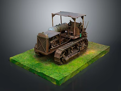 Vintage Tracked Tractor Model On Green Grass Platform With Rusty Metal Structure And Canopy 3d model