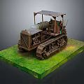Vintage Tracked Tractor Model On Green Grass Platform With Rusty Metal Structure And Canopy 3d model