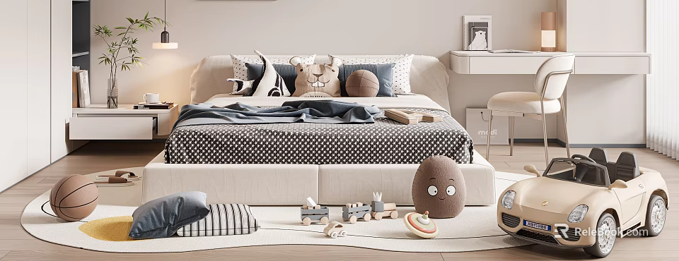 Cozy Kids Bed With Polka Dot Bedspread Stuffed Lion Toys And Wooden Train On Rug 3d model 