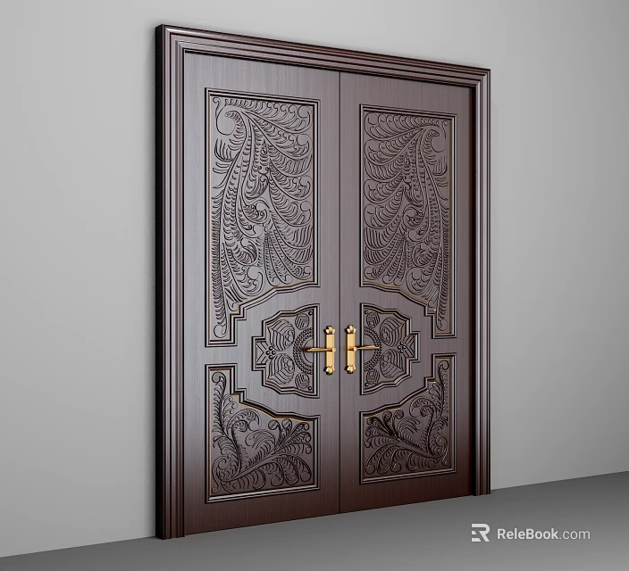 Elegant Dark Wood Double Door With Intricate Carvings And Gold Handles 3d model 
