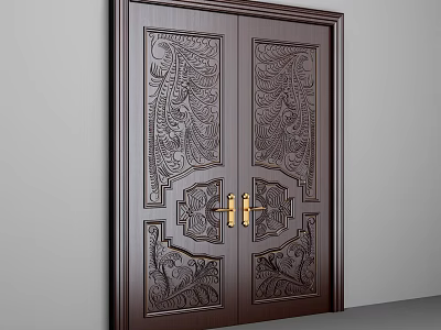Elegant Dark Wood Double Door With Intricate Carvings And Gold Handles 3d model