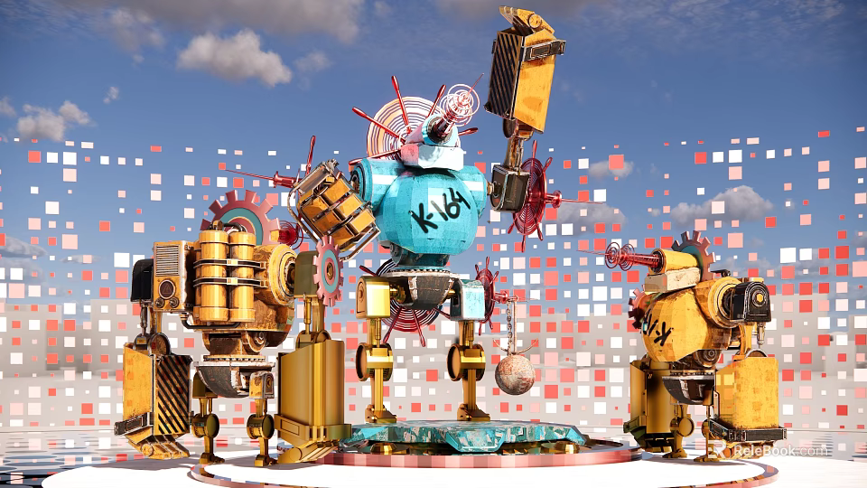 Smart Machines Blue Yellow Robots With Mechanical Structures Colorful Square Patterns Sky Clouds And K66 3d model