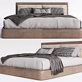 Modern Double Bed With Upholstered Headboard Beige Frame Gray Blanket And Plaid Pillows