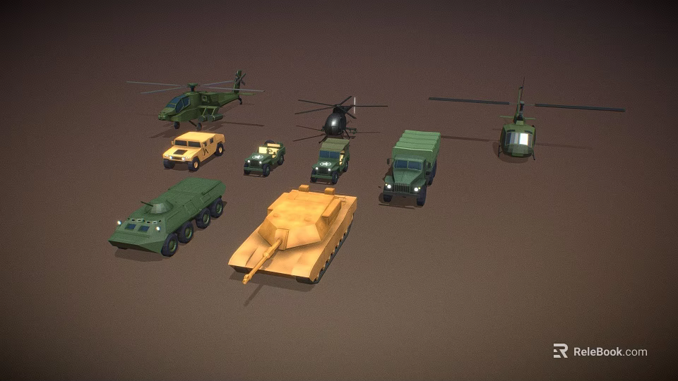 Military Vehicles And Helicopters Display With Armored Trucks Tanks And Transport Vehicles 3d model 