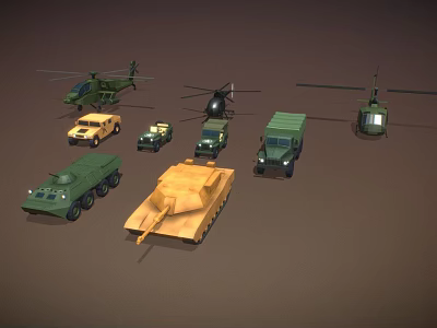 Military Vehicles And Helicopters Display With Armored Trucks Tanks And Transport Vehicles 3d model
