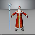 Santa Claus Wearing Red Robe with Golden Decorations Holding Blue Snowflake Staff on Gray Background
