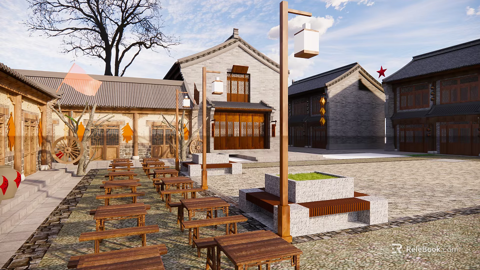 Traditional Commercial Street With Ancient Architecture Wooden Benches Stone Pavement Lanterns Plaza Area And Trees 3d model 