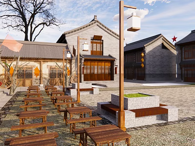 Traditional Commercial Street With Ancient Architecture Wooden Benches Stone Pavement Lanterns Plaza Area And Trees 3d model