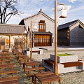 Traditional Commercial Street With Ancient Architecture Wooden Benches Stone Pavement Lanterns Plaza Area And Trees