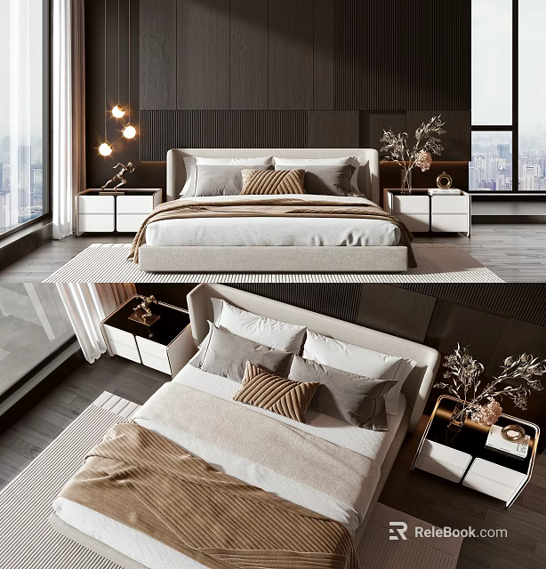Modern Double Bed Bedroom Interior With Bedside Tables And Decorative Pillows 3d model 