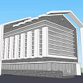 Modern Building Exterior With Angled White Roof Structures Gray Brick Walls And White Support Columns