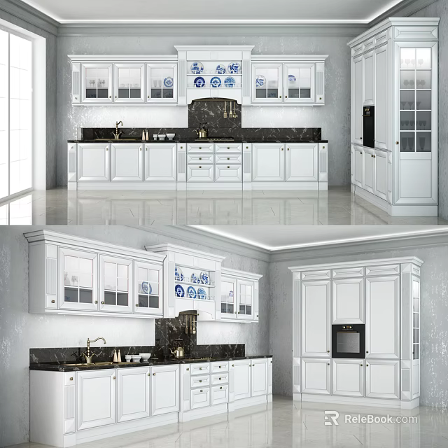 Modern White Kitchen Cabinets With Marble Countertop And Glass Door Design 3d model 