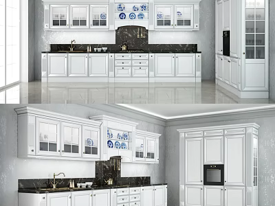 Modern White Kitchen Cabinets With Marble Countertop And Glass Door Design 3d model