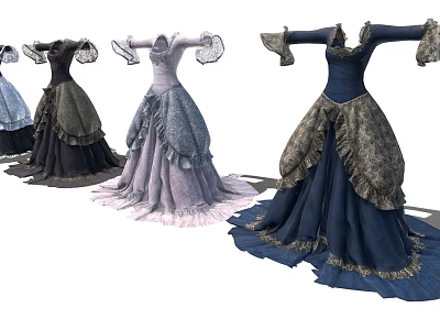 Luxurious Vintage Gowns With Different Colors Lace Ruffles And Fluffy Skirts 3d model