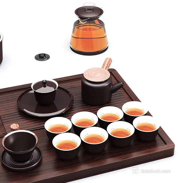 Traditional Ceramic Tea Set with Wooden Tray Teapot and Small Teacups Filled with Tea 3d model 