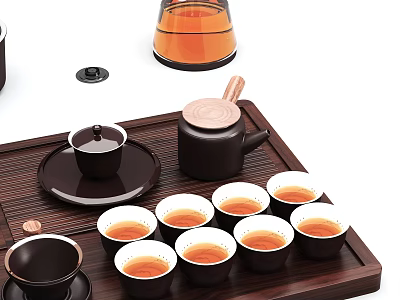 Traditional Ceramic Tea Set with Wooden Tray Teapot and Small Teacups Filled with Tea 3d model